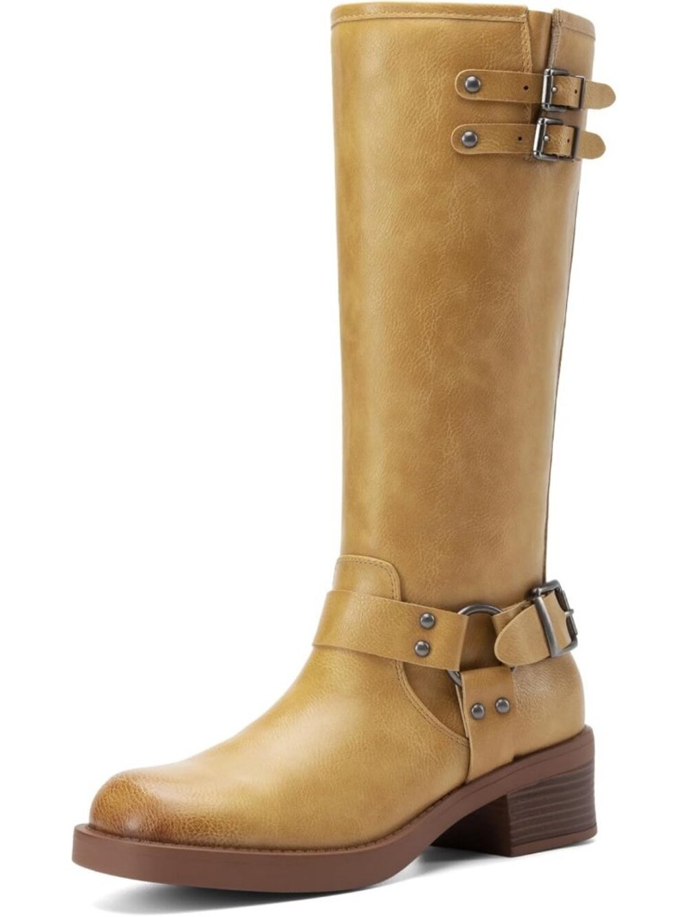 Women's Yellow Faux Leather Knee High Goth Punk Chunky Low Heel Side Zip Boots